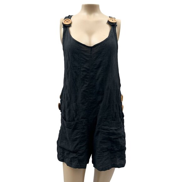 V-Neck Front Pockets Sleeveless Romper Wooden Buttons Crinkled Texture Black M - Picture 1 of 10